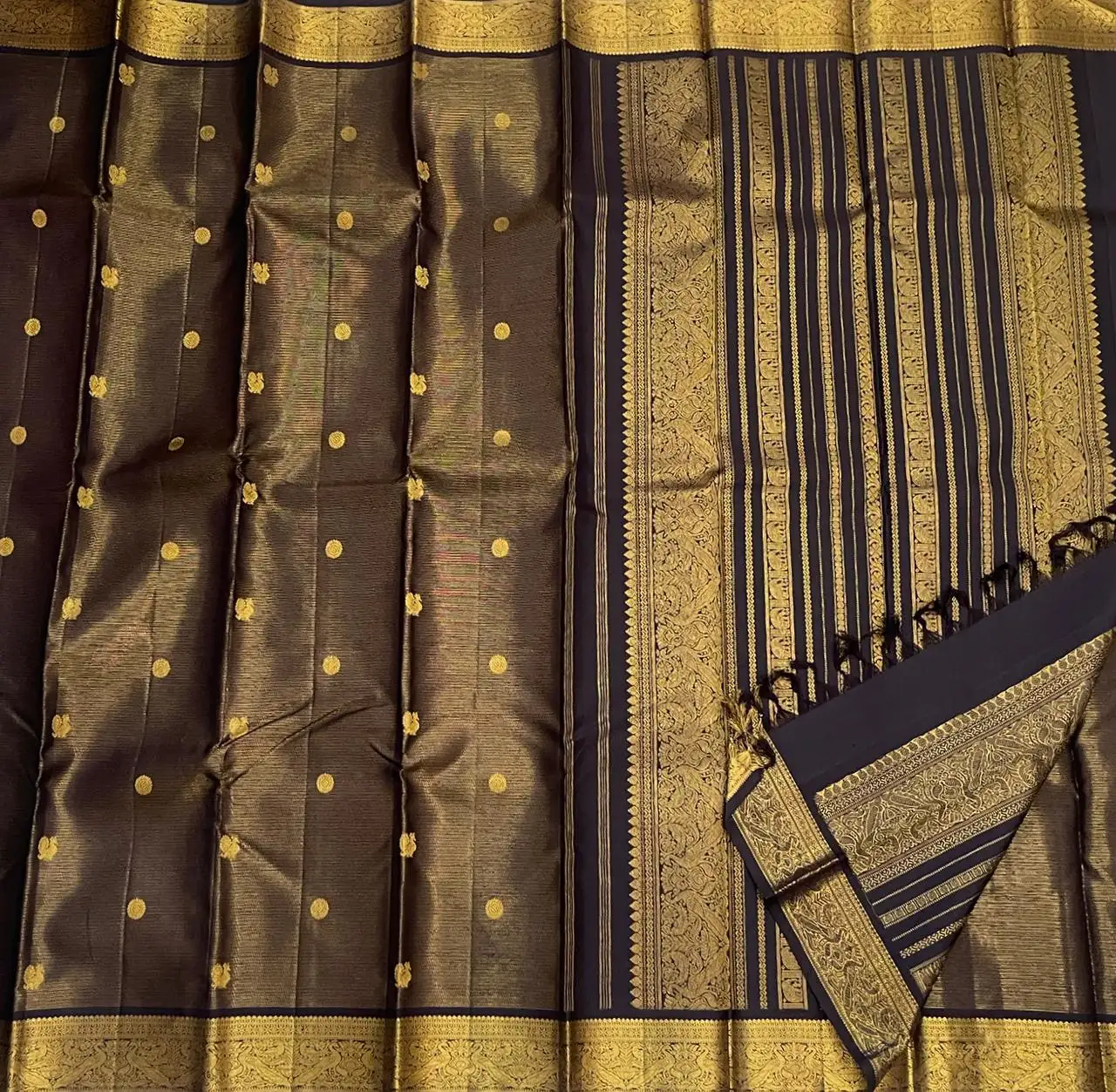 Antique Brown Zari Stripe Pure Kanchipuram Handloom Bridal Silk Saree